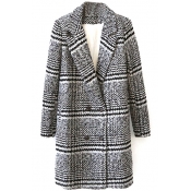 Notched Lapel Double Breasted Plaid Long Tweed Coat