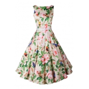 Sleeveless Boat Neck A-Line Maxi Floral Print Dress with Belt