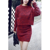 Round Neck Long Sleeve Plain Knit Top with Bodycon Knit Skirt