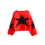 Round Neck Star Jacquard Color Block Cropped Sweater
