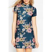 High Neck Short Sleeve Floral Print Slim Mini Dress