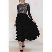 High Waist Plain Ruffle Layered A-Line Maxi Black Skirt