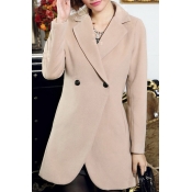 Plain Notched Lapel Long Sleeve Double Breasted Woolen Coat