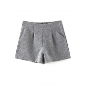 High Waist Gray Plain Double Pockets Loose Tweed Shorts