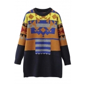 Round Neck Geometric Patchwork Color Block Longline Sweater