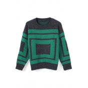 Geometric Color Block Round Neck Long Sleeve Sweater