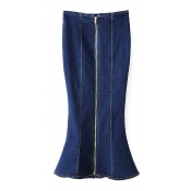 High Waist Zipper Front Plain Fishtail Style Maxi Denim Skirt