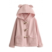 Cute Hooded Horn Button Plain Loose Tweed Coat