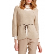 Scoop Neck Split Front Drawstring Waist 3/4 Length Sleeve Sweater