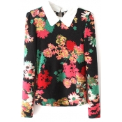 Floral Print Collared Long Sleeve Button Back Blouse