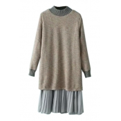 Round Neck Pleated Patchwork False Two-Piece Knit Dress