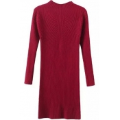 Plain High Neck Long Sleeve Bodycon Midi Knit Dress