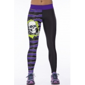 Skull Print Stripe Trims Color Block Black Skinny Yoga Leggings