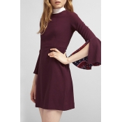 Vintage Round Neck Flare Long Sleeve Plain Fit Mini Dress