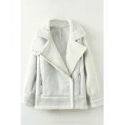 Lamb Wool Notched Lapel Inclined Zipper Patchwork Suede Jacket