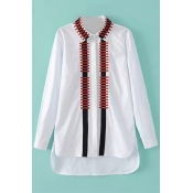 Lapel Embroidery High Low Long Sleeve Tunic Shirt