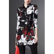 3/4 Length Sleeve Button Belt Waist Floral Print Shirt Dress