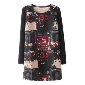 Round Neck Long Sleeve Patchwork Double Pockets Print Dress