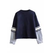 Stripes Patchwork Round Neck Cropped False Two-Piece Sweater
