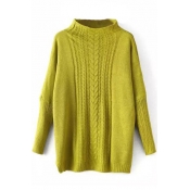 High Neck Batwing Vertical Cable Knit Plain Sweater