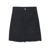 Zipper Fly Plain A-Line Double Pockets Raw Edge Denim Skirt
