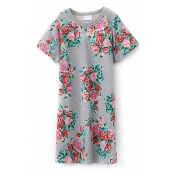 Round Neck Short Sleeve Floral Print Midi t-Shirt Dress