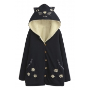 Cute Cat Embroidery Hooded Wool Lining Thicken Coat