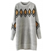 Round Neck Geometric Rhombus Jacquard Longline Sweater