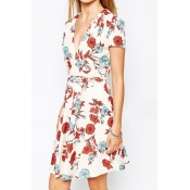 Deep V-Neck Short Sleeve Floral Print Tie Waist Mini Tea Dress
