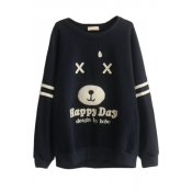 Bear & Letter Print Batwing Stripe Trims Fleece Sweatshirt