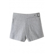 Plain Tweed Zip Side Faux Belt Detail Loose Shorts