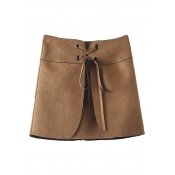 Plain Crisscross Tie Waist Layered Suede A-Line Mini Skirt