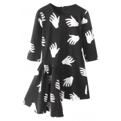 Half Sleeve Hands Print Asymmetrical Hem A-Line Dress