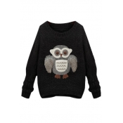 Owl Patchwork Round Neck Long Sleeve Sweater