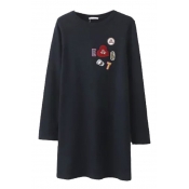 Round Neck Cartoon & Letter Embroidery Long Sleeve Dress