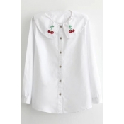 Doll Collar Cherry Embroidery Button Down White Shirt