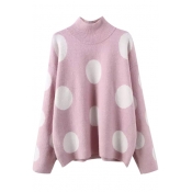 High Neck Polka Dot Color Block Loose Pullover Sweater