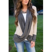 V-Neck Color Block Wrap Cross Front Long Sleeve Tee