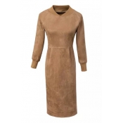 Plain Stand Up Neck Long Sleeve Suede Slim Maxi Dress