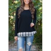 Round Neck Plaid Patchwork Long Sleeve Loose Tee