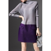 High neck Color Block Double Pockets Long Sleeve Midi Dress