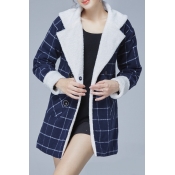Blue Plaid Lamb Wool Lining Double Breasted Long Tweed Coat