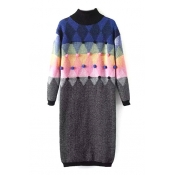 High neck Pom Pom Detail Geometric Color Block Knit Dress