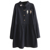 Lapel Button Front Cartoon Embroidery Vertical Stripes Smock Dress