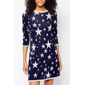 Round Neck Star Jacquard 3/4 Length Sleeve Shift Knit Dress