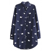Repeated Whale Print Button Down Lapel Long Sleeve Tunic Shirt