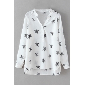 V-Neck Star Print High Low Button Front Long Sleeve Blouse