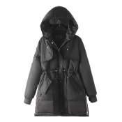 Hooded Embroidery Patchwork Detail Drawstring Waist Padded Coat