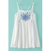 White Straps Positioning Embroidery Loose Cross Back Swing Dress
