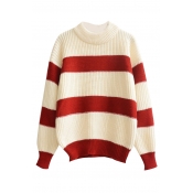 Round Neck Stripes Color Block Chunky Knit Sweater